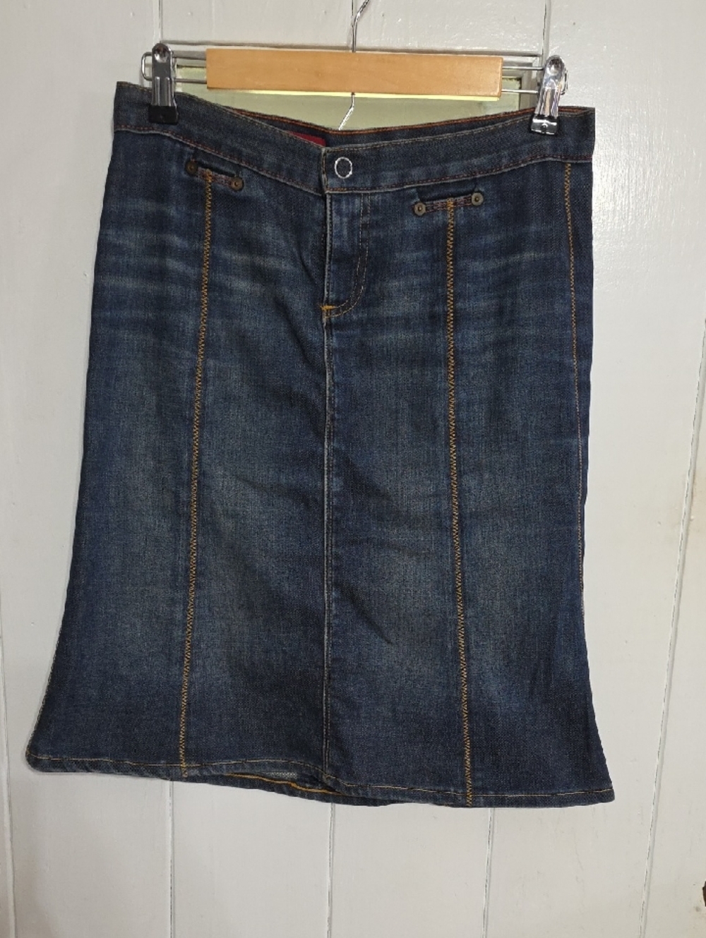 AG Adriano Goldschmied Denim Skirt "The Grace" Gold Zigzag Stitching USA‎ Sz 26